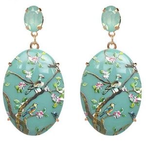 Oval Floral Birds Vintage Repro Drop Earrings Women's